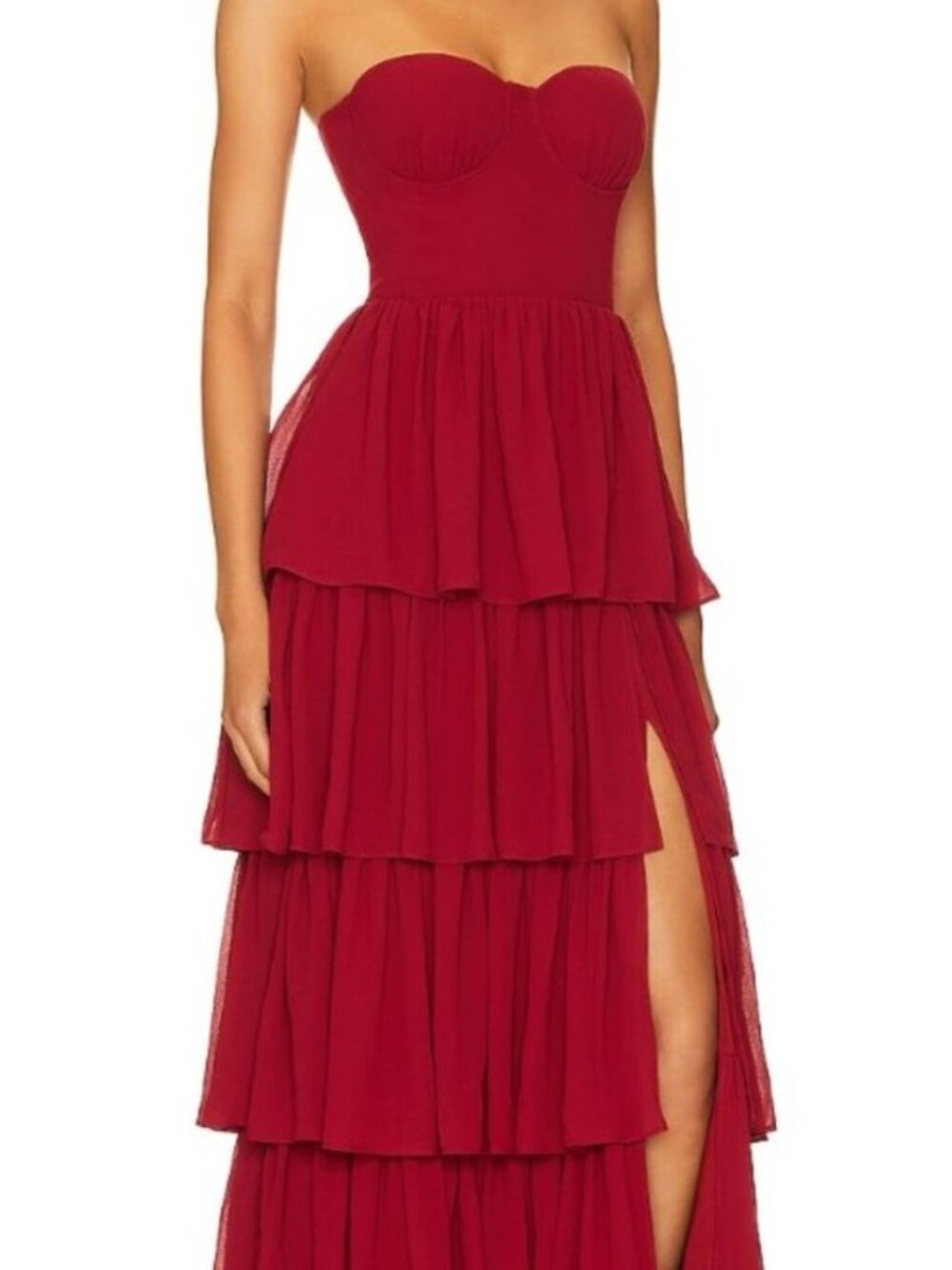Lovers and Friends Hattie Gown XS in Deep Red tiered maxi flowy strapless dress